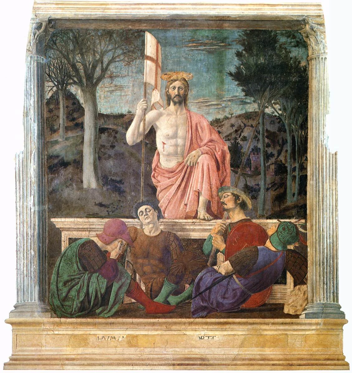 The risen Christ stands above his tomb holding a white banner with a red cross while four guards sleep beneath him.
