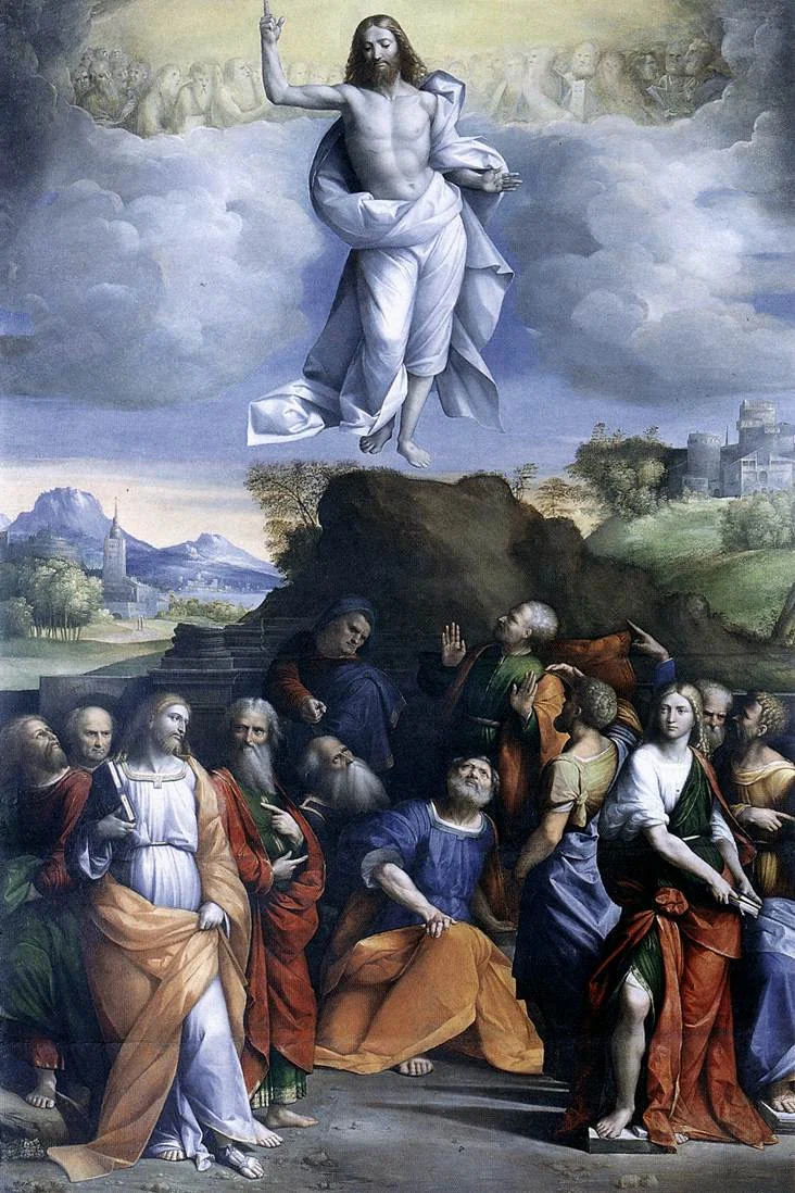 Christ ascends into the sky above Mary and the apostles, who look upward from a green landscape.