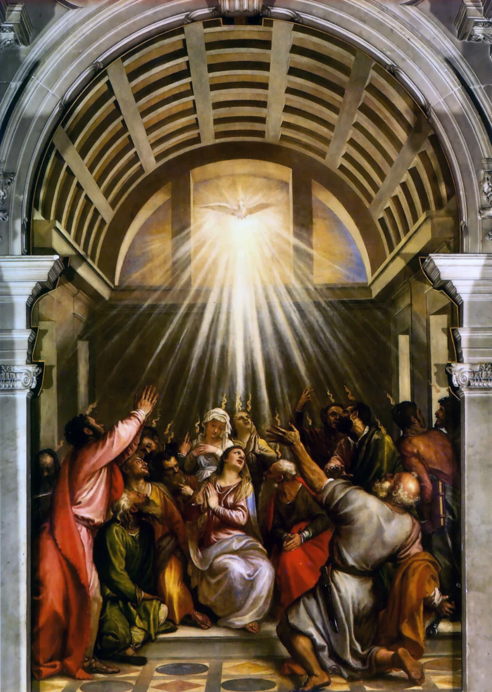 Mary and the apostles gather beneath the descending Holy Spirit, with tongues of flame above their heads.