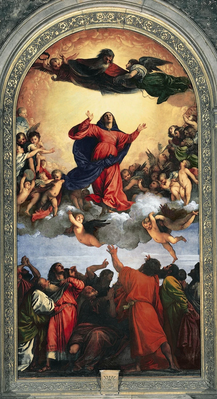 Mary rises heavenward in red and blue robes, surrounded by angels, while the apostles gesture upward below.