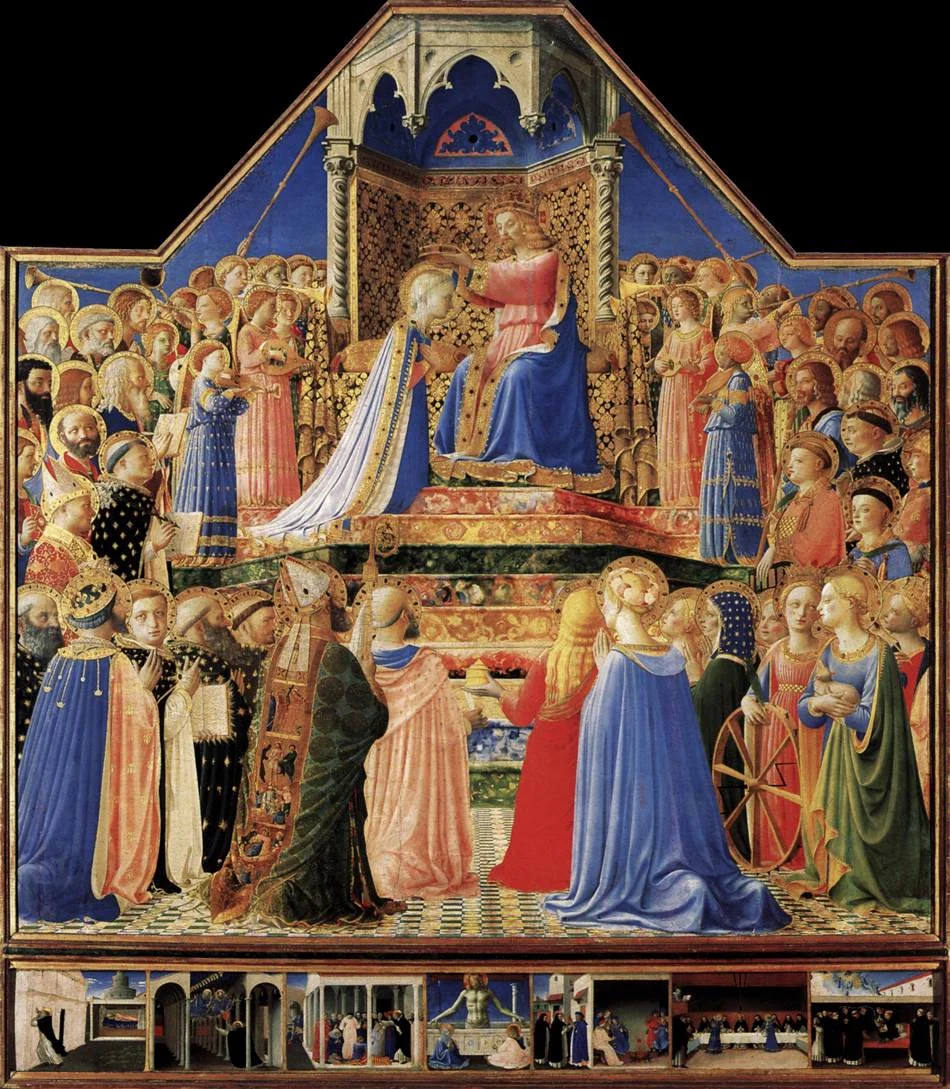 Christ crowns Mary at the top of a stepped heavenly throne, surrounded by angels and saints in luminous robes.