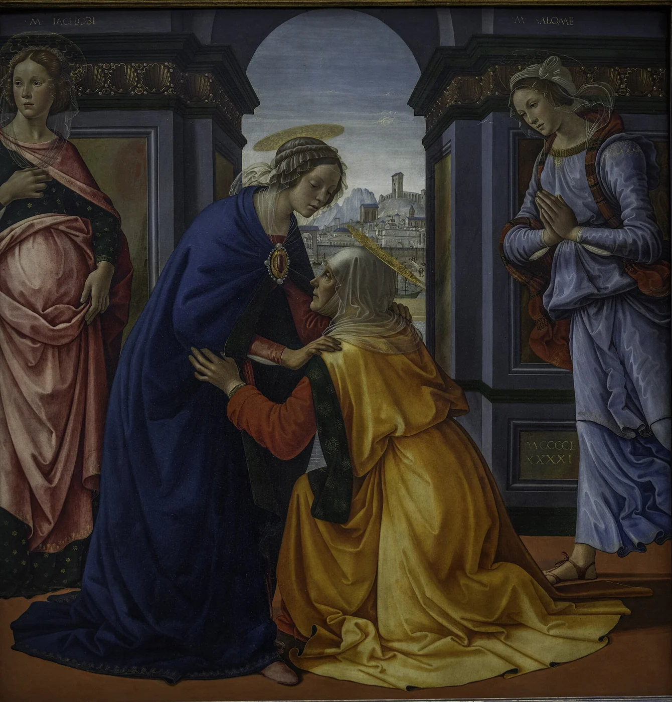 Mary and Elizabeth greet one another beneath a stone arch, accompanied by two women.