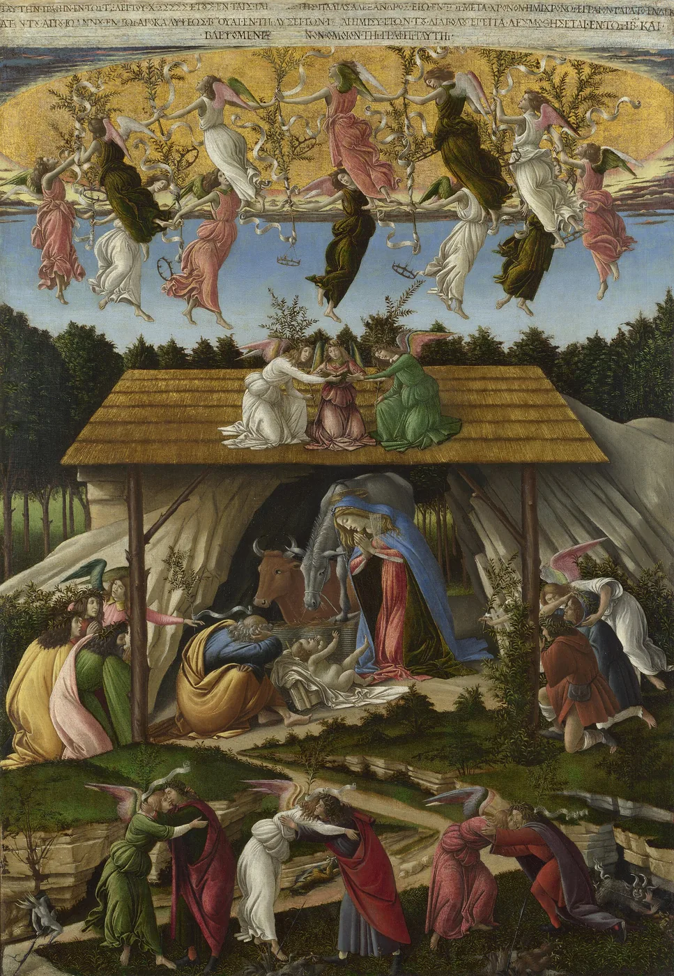 Mary kneels in adoration before the newborn Jesus while angels rejoice above the stable and embrace people below.