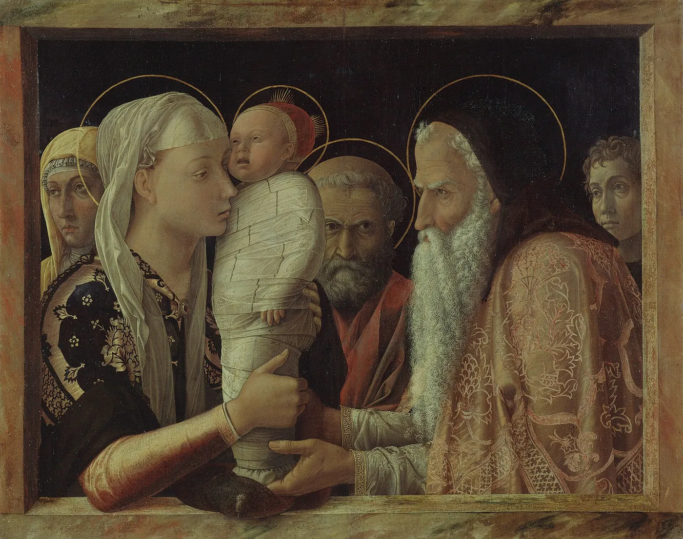 Mary holds the swaddled infant Jesus toward the elderly Simeon, with Joseph and two attendants close beside them.