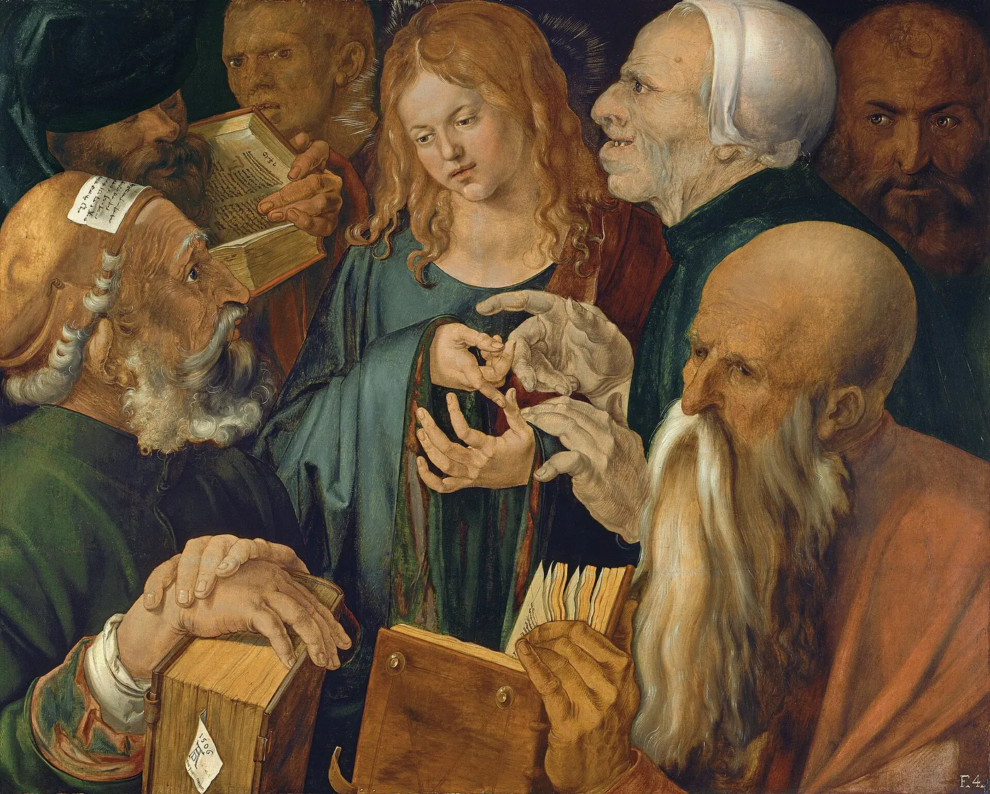 The young Jesus discusses scripture with a close circle of elderly teachers holding open books.