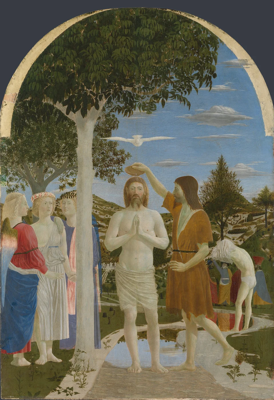 John the Baptist pours water over Jesus beneath a white dove, with three angels standing beside a tree.