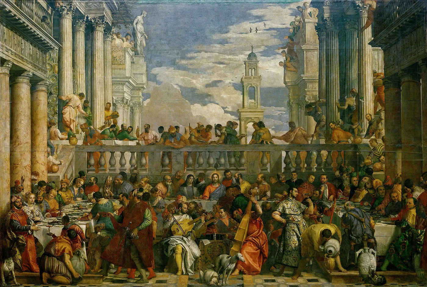 Jesus and Mary sit among wedding guests at a grand banquet beneath an open sky, with musicians and servants in the foreground.