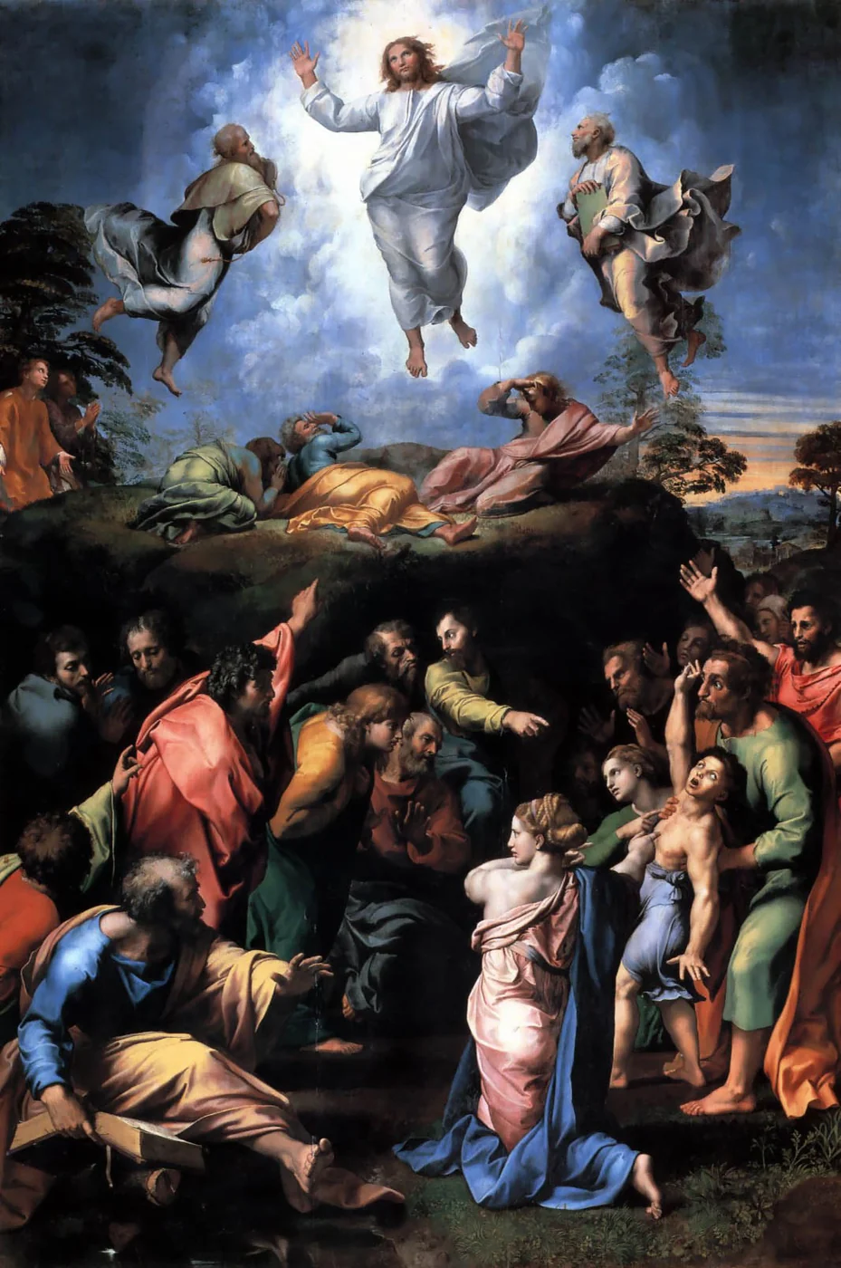 Christ appears radiant between Moses and Elijah above three astonished apostles, with a crowd gathered below the mountain.