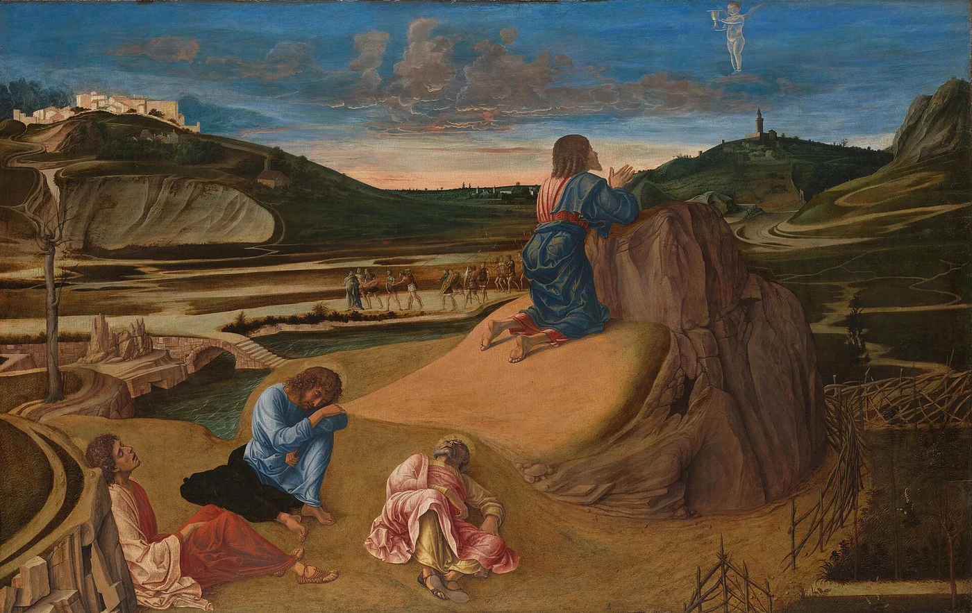 Jesus kneels in prayer on a rocky hill while three disciples sleep below and an angel appears above.