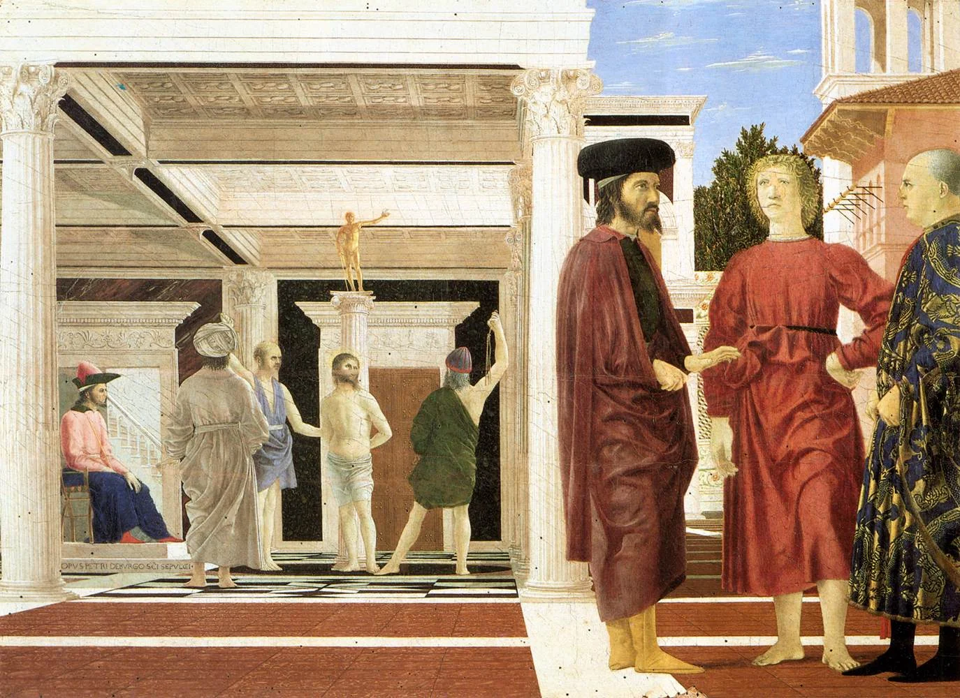 Christ stands bound to a column beneath a classical portico as men scourge him; three figures stand in the foreground.