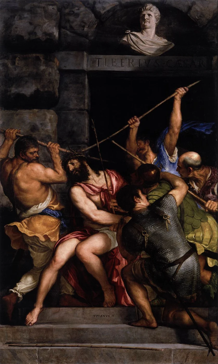 Soldiers surround the seated Christ and press a crown of thorns onto his head with long reeds.