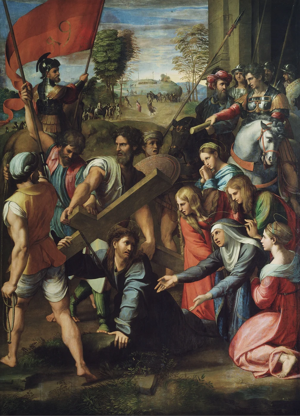 Jesus falls beneath the cross and turns toward Mary as soldiers and mourners surround him on the road to Calvary.