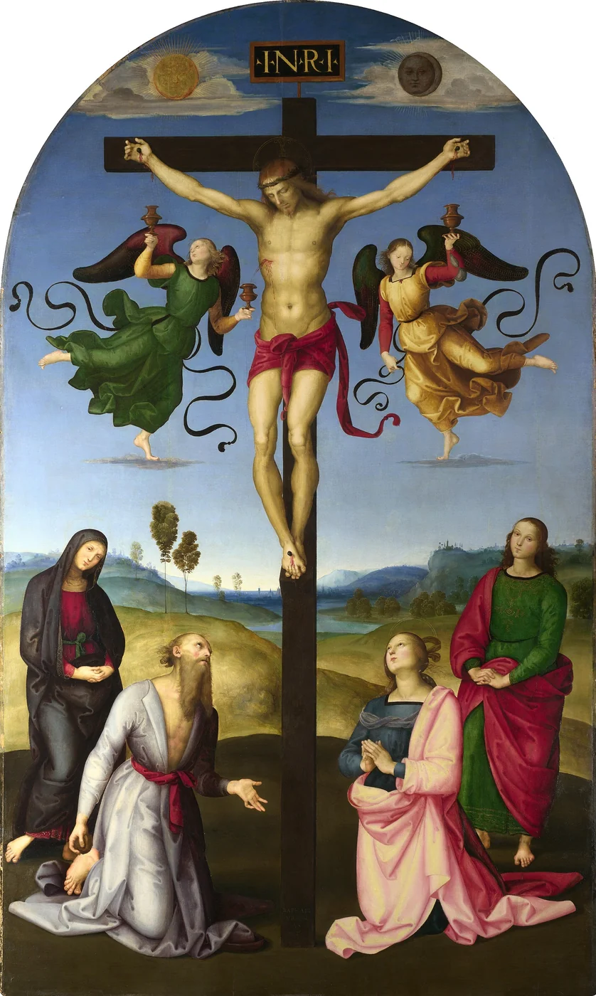 Christ hangs on the cross between two angels, with Mary, Saint John and kneeling saints below.